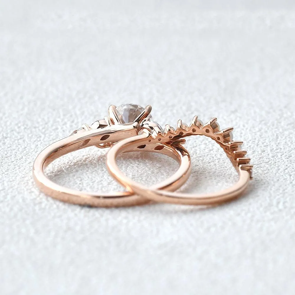 Moissanite & Opal Rose Gold Ring Set 2pcs