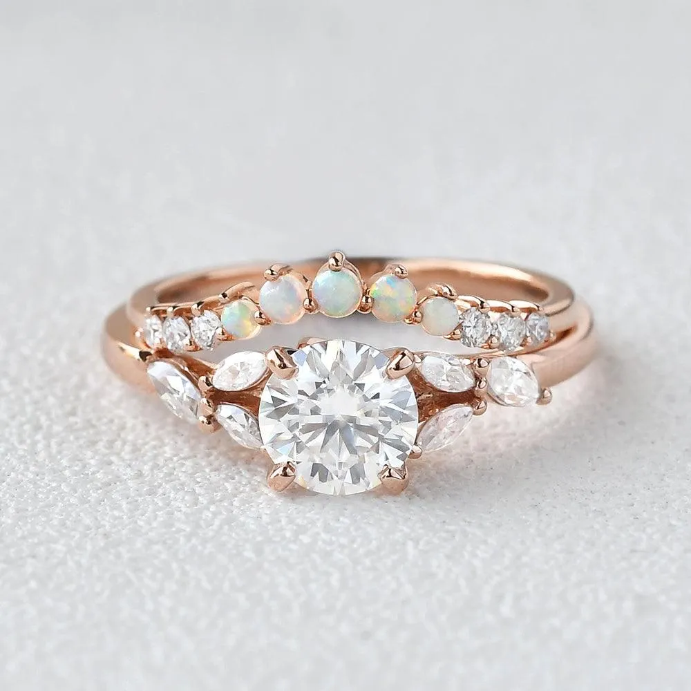 Moissanite & Opal Rose Gold Ring Set 2pcs