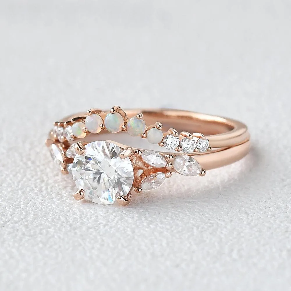 Moissanite & Opal Rose Gold Ring Set 2pcs