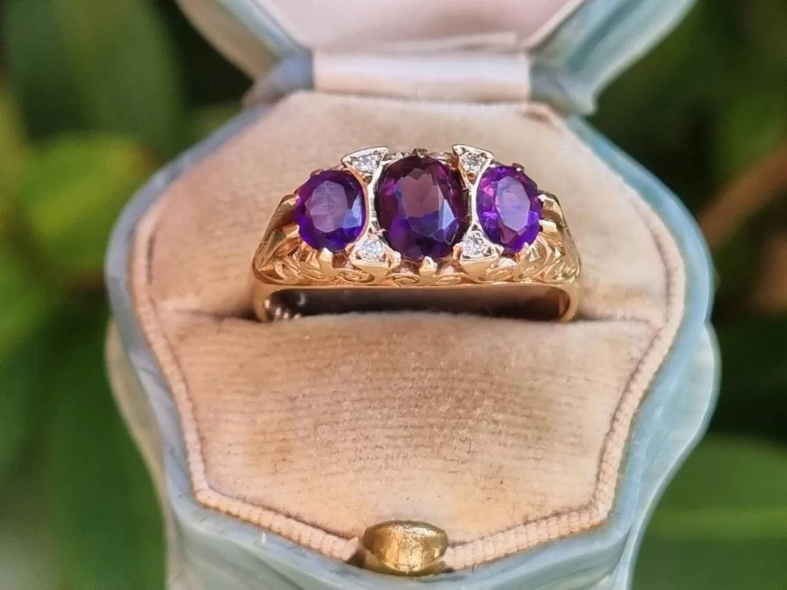 Natural Oval Cut Amethyst Three Stone Vintage Half Eternity Rings  - 14k Gold Vermeil Ring