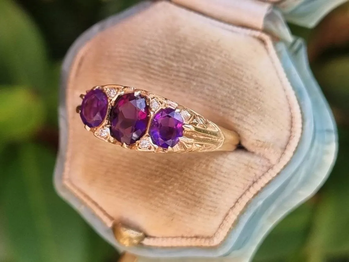 Natural Oval Cut Amethyst Three Stone Vintage Half Eternity Rings  - 14k Gold Vermeil Ring