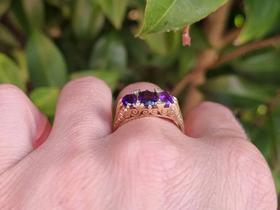 Natural Oval Cut Amethyst Three Stone Vintage Half Eternity Rings  - 14k Gold Vermeil Ring