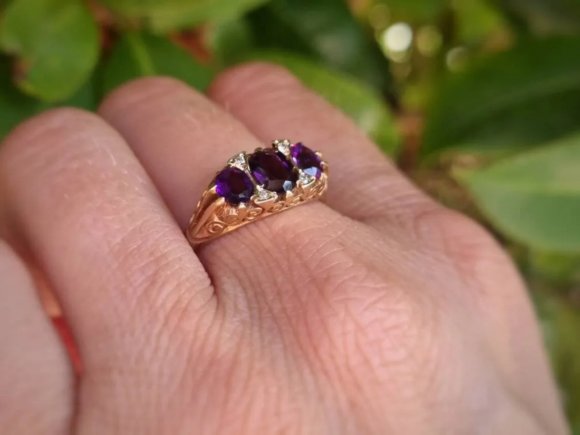 Natural Oval Cut Amethyst Three Stone Vintage Half Eternity Rings  - 14k Gold Vermeil Ring