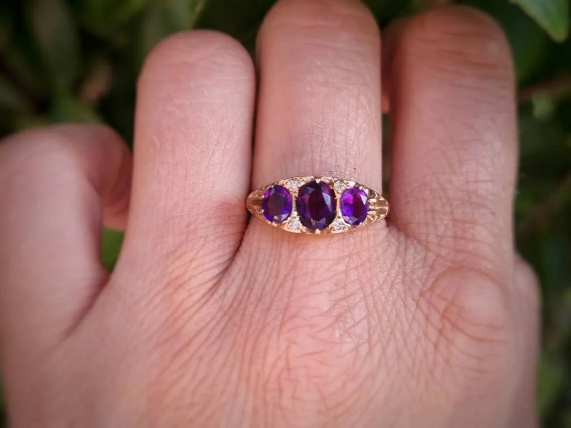 Natural Oval Cut Amethyst Three Stone Vintage Half Eternity Rings  - 14k Gold Vermeil Ring