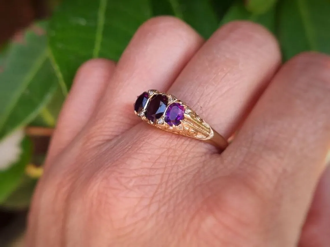 Natural Oval Cut Amethyst Three Stone Vintage Half Eternity Rings  - 14k Gold Vermeil Ring