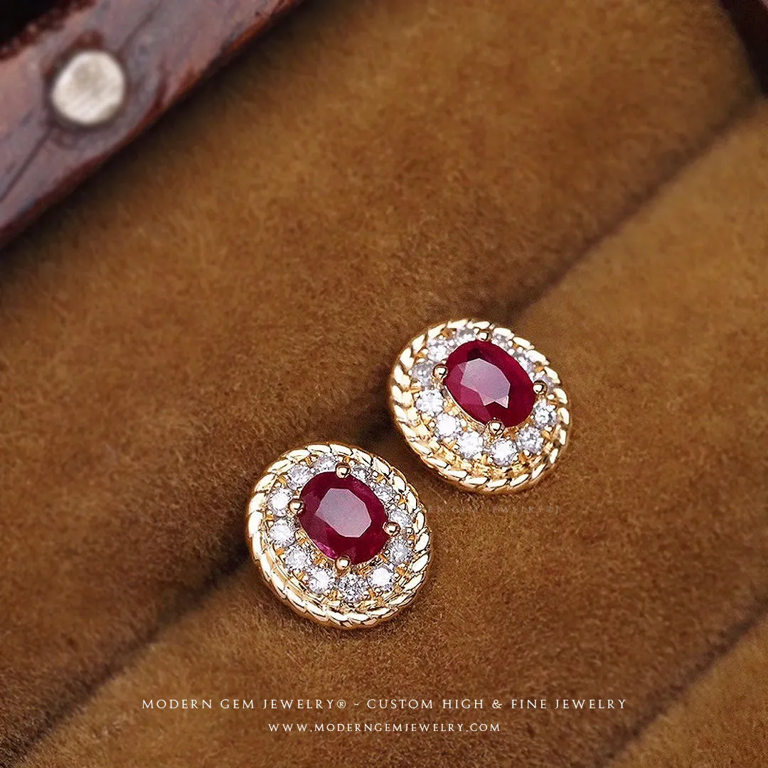 Natural Ruby Earrings & Diamonds Halo In Yellow Gold