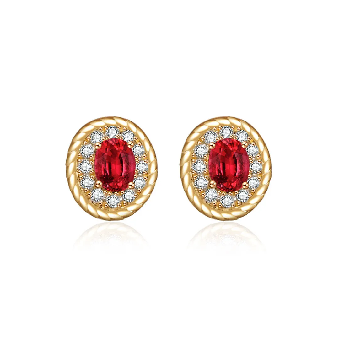 Natural Ruby Earrings & Diamonds Halo In Yellow Gold