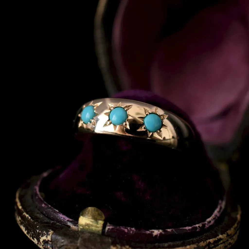 Natural Three Stone Set Turquoise Wide Band Vintage Rings - 14k Gold Vermeil Rings