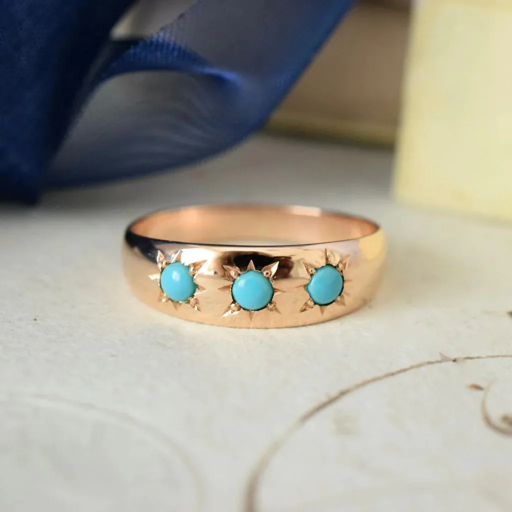 Natural Three Stone Set Turquoise Wide Band Vintage Rings - 14k Gold Vermeil Rings