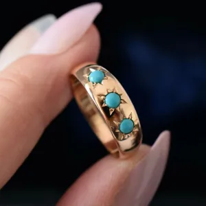 Natural Three Stone Set Turquoise Wide Band Vintage Rings - 14k Gold Vermeil Rings