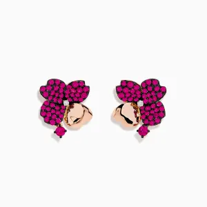 Nature 14K Rose Gold Ruby and Diamond Flower Earrings