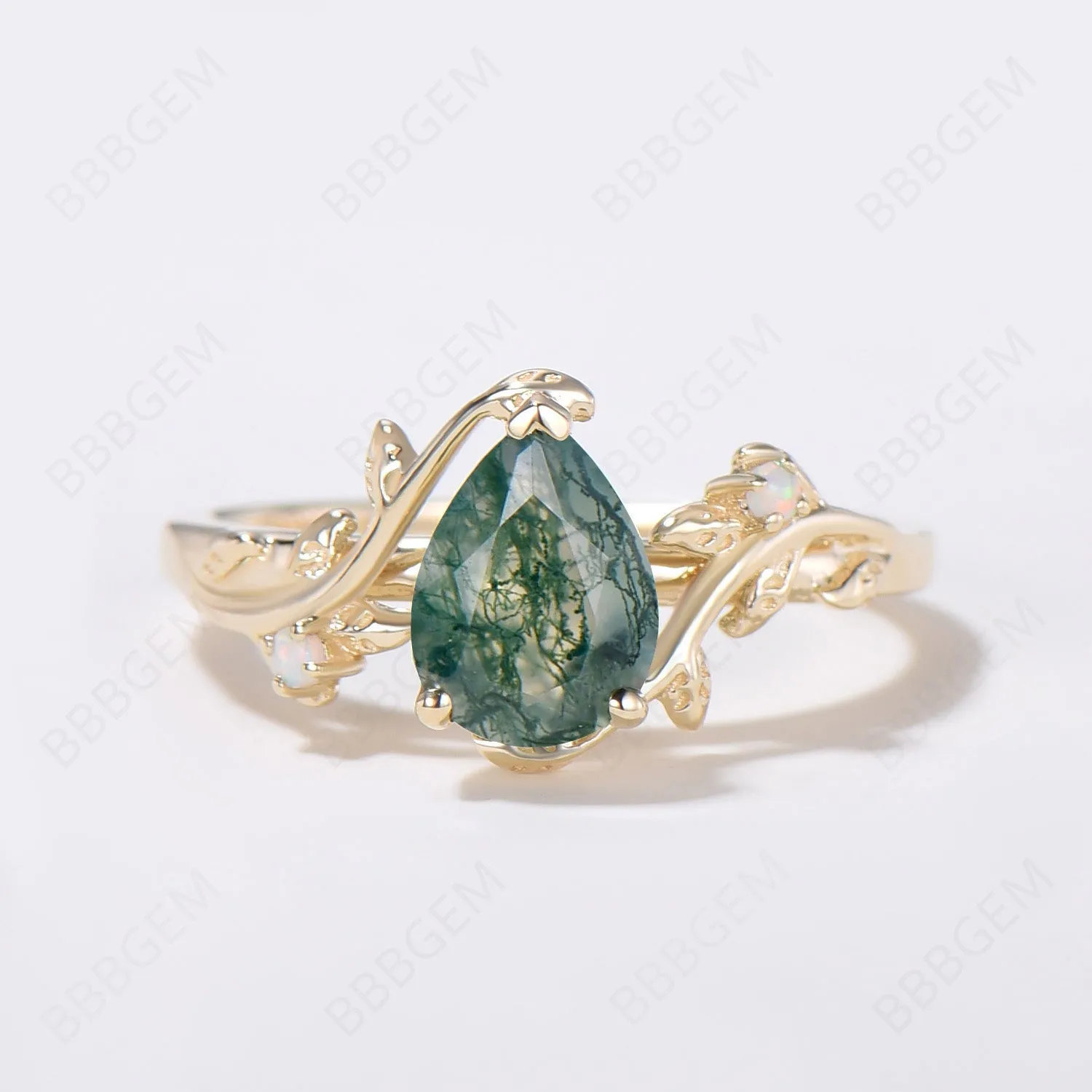 Nature Inspired Twig Leaf Pear Moss Agate Engagement Ring Set