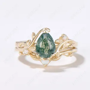 Nature Inspired Twig Leaf Pear Moss Agate Engagement Ring Set