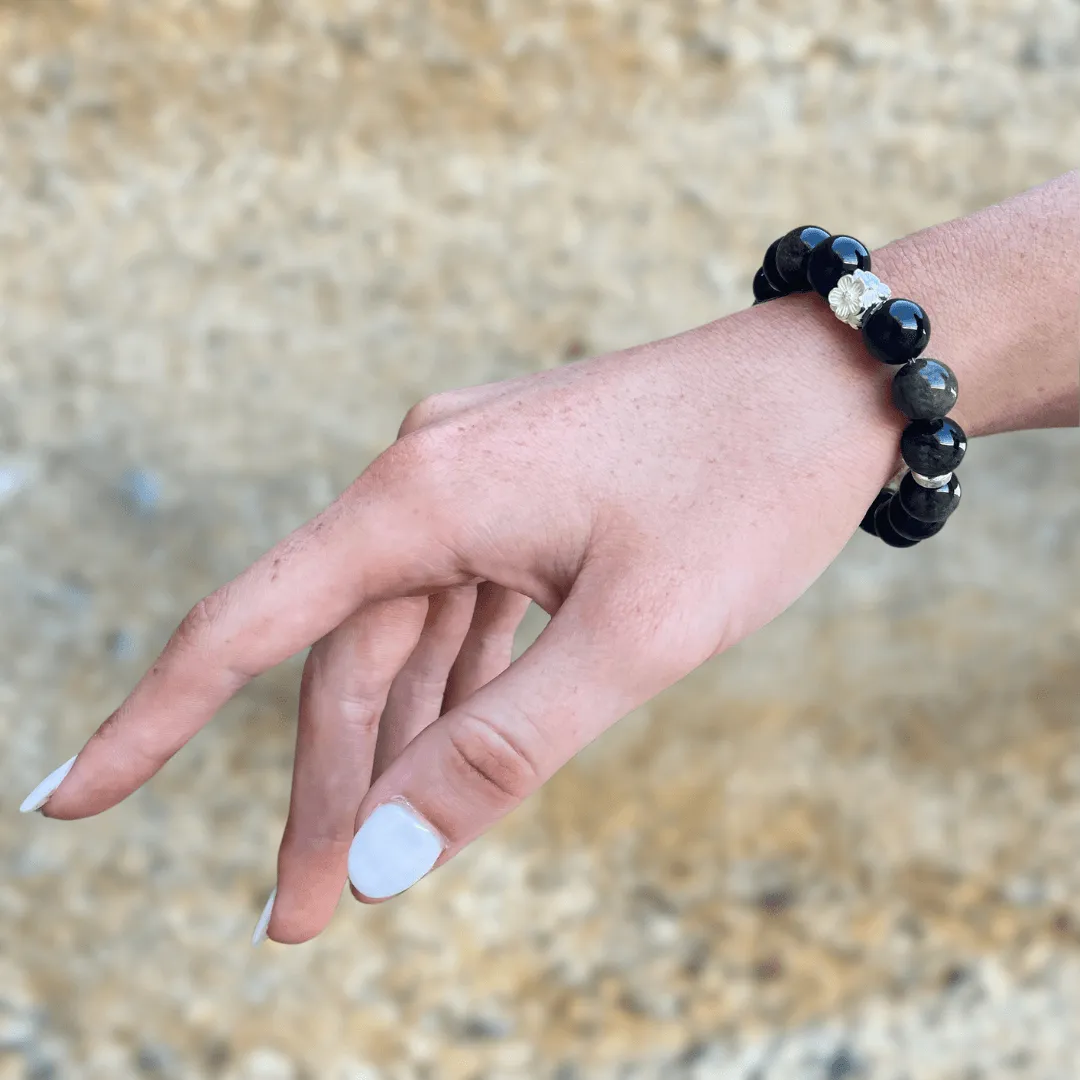 OBSIDIAN & STERLING SILVER BEADED BRACELET