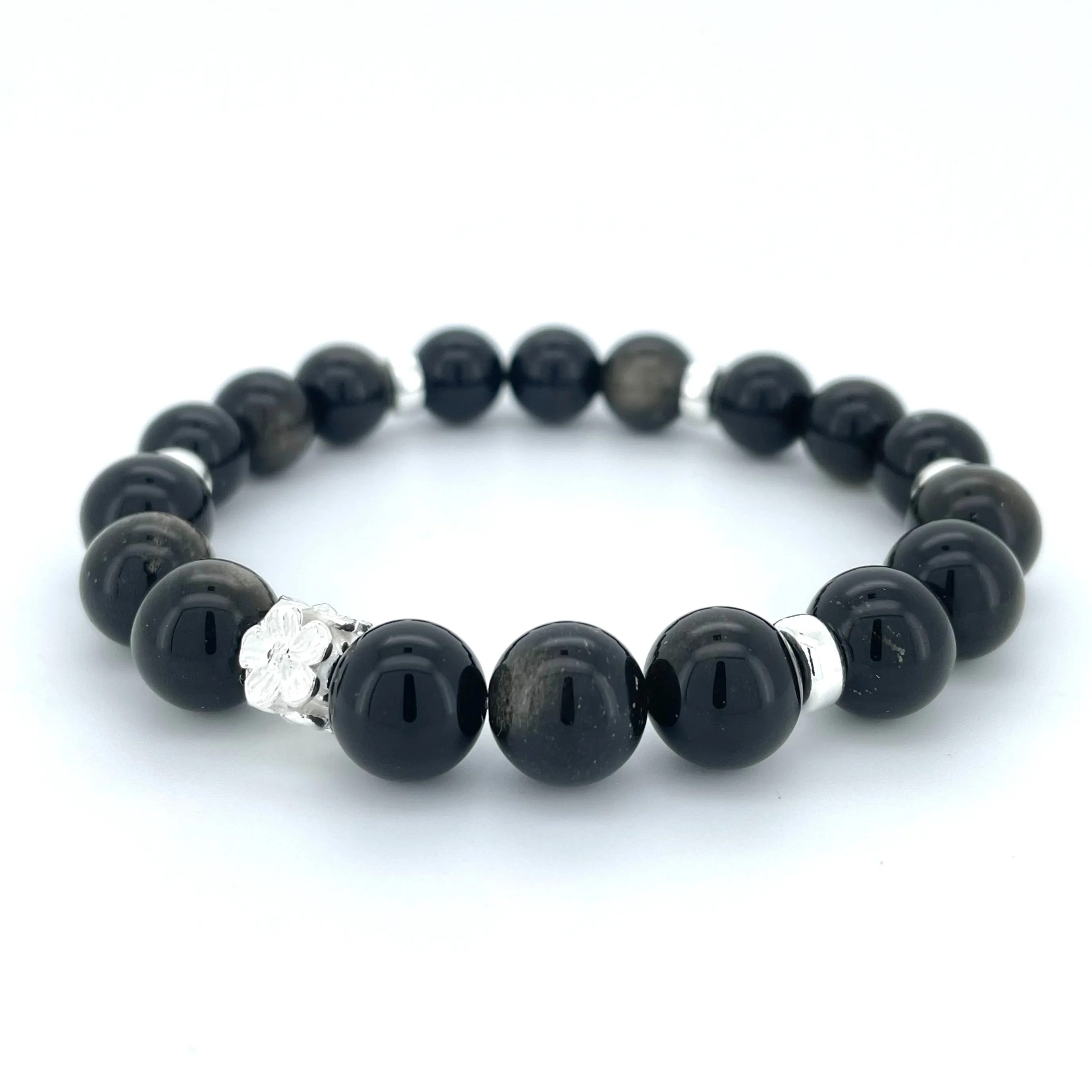 OBSIDIAN & STERLING SILVER BEADED BRACELET