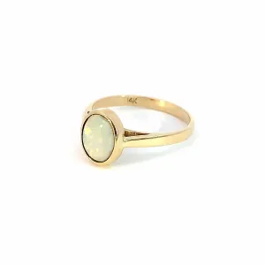 One 14kt Yellow Gold Fire colour White Opal solitaire ring