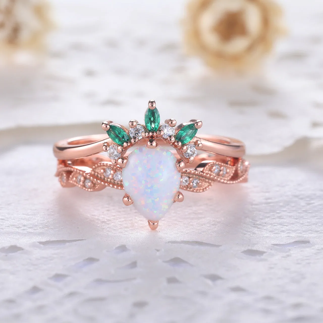 Opal Ring set,Opal Engagement Ring,Pear Cut Opal,Emerald Diamond Matching Band,Rose Gold