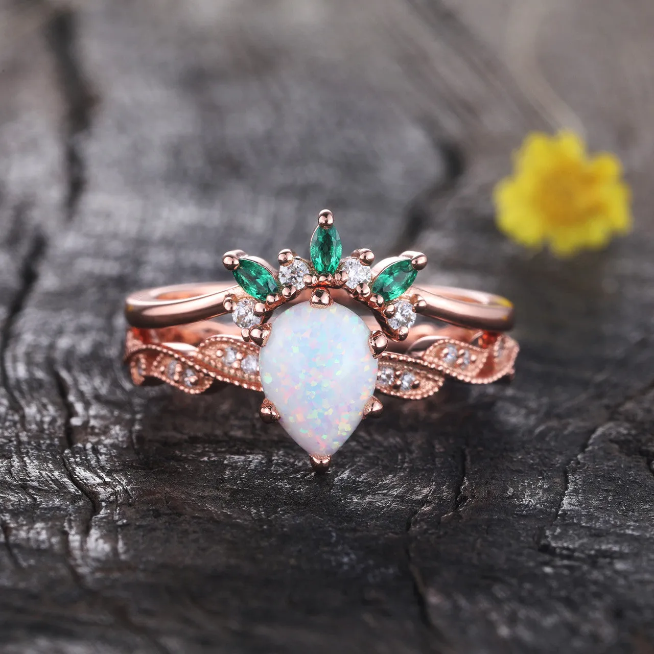 Opal Ring set,Opal Engagement Ring,Pear Cut Opal,Emerald Diamond Matching Band,Rose Gold