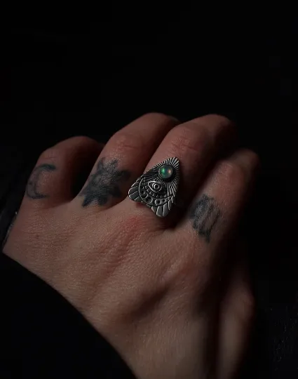 Ouija Planchette Ethiopian Opal Gothic Style Evil Eye Ring - 925 Sterling Silver Ring