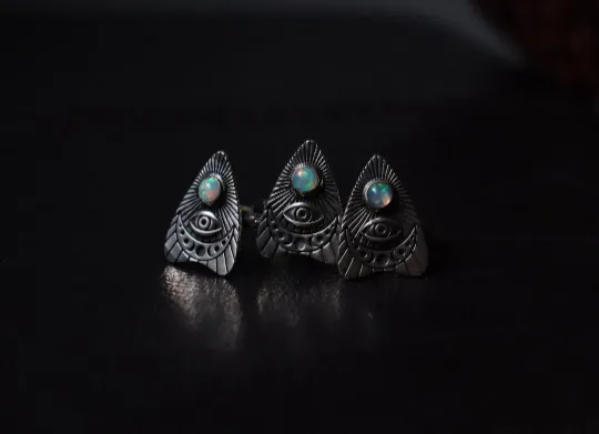 Ouija Planchette Ethiopian Opal Gothic Style Evil Eye Ring - 925 Sterling Silver Ring