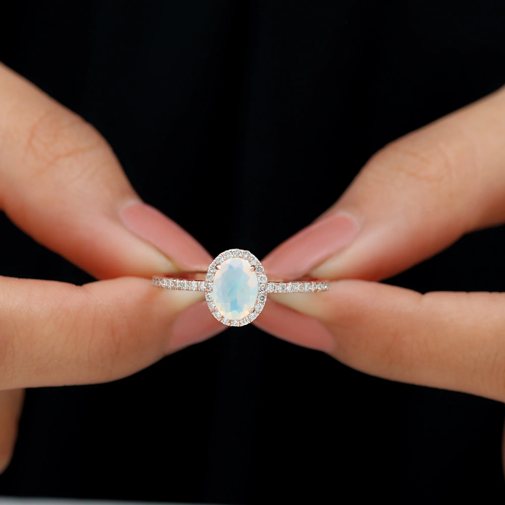 Oval Shape Ethiopian Opal and Diamond Halo Engagement Ring