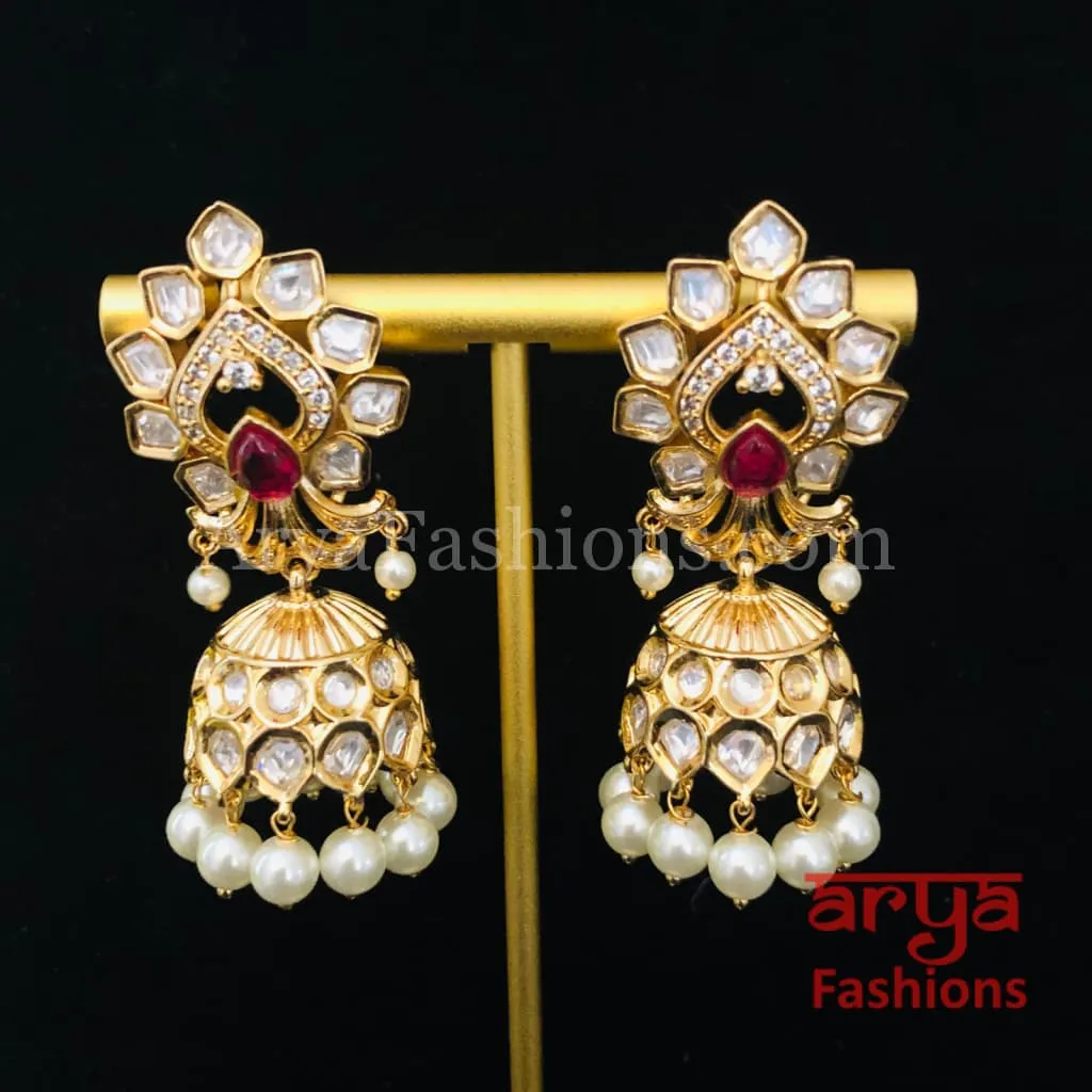 Pacchi Kundan Jhumka Earrings/ Emerald Green Ruby Kundan Earrings