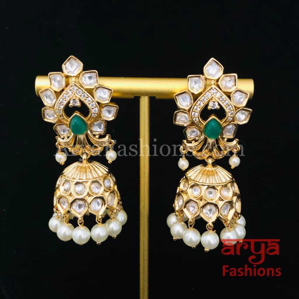 Pacchi Kundan Jhumka Earrings/ Emerald Green Ruby Kundan Earrings