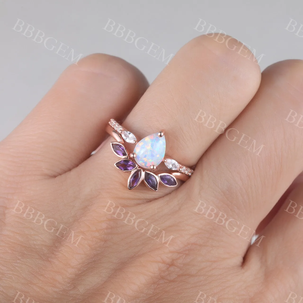 Pear Cut White Fire Opal Ring Set Amethyst Matching Band 14k Rose Gold