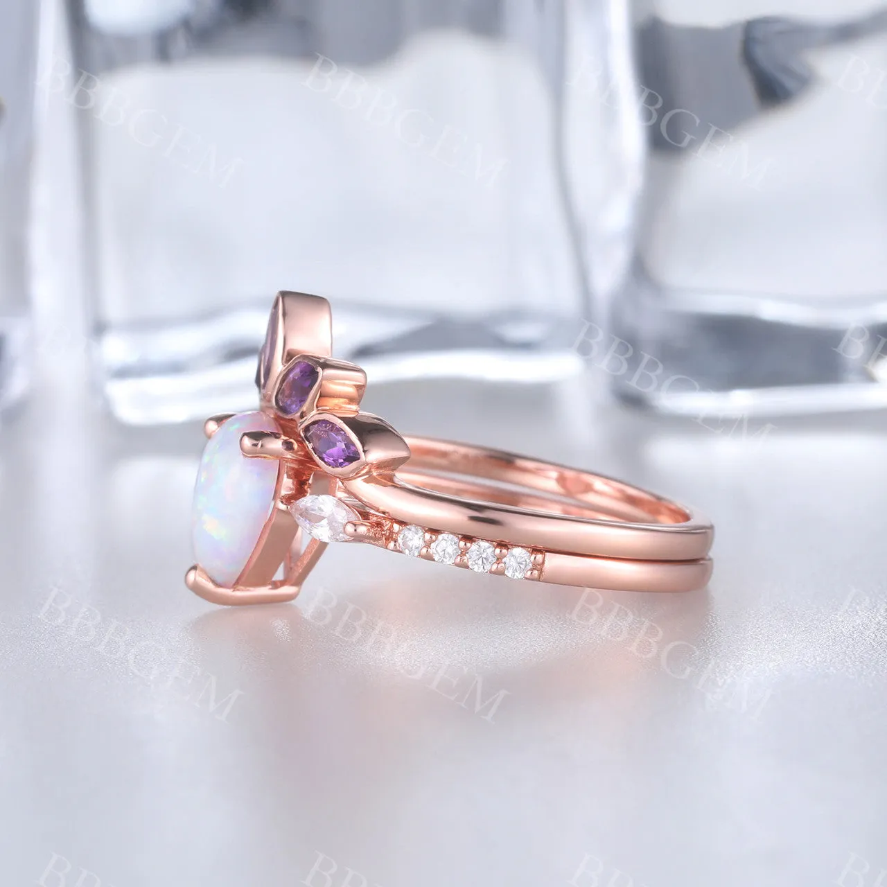 Pear Cut White Fire Opal Ring Set Amethyst Matching Band 14k Rose Gold