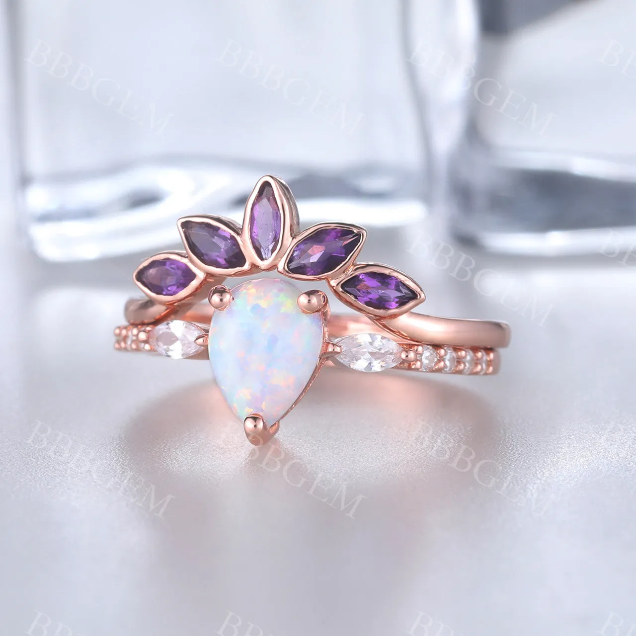 Pear Cut White Fire Opal Ring Set Amethyst Matching Band 14k Rose Gold