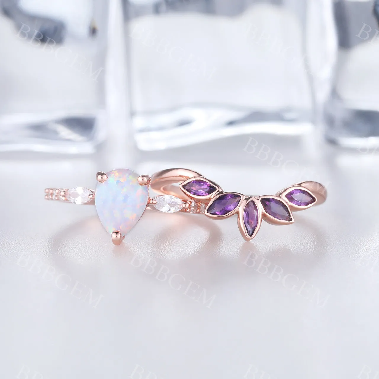 Pear Cut White Fire Opal Ring Set Amethyst Matching Band 14k Rose Gold