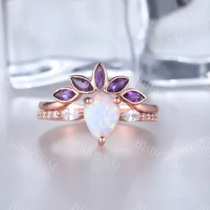 Pear Cut White Fire Opal Ring Set Amethyst Matching Band 14k Rose Gold