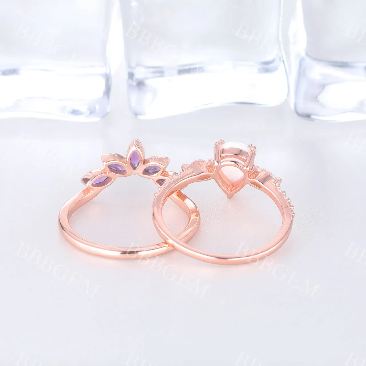 Pear Cut White Fire Opal Ring Set Amethyst Matching Band 14k Rose Gold