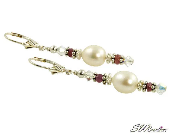 Pink Sapphire Gemstone Pearl Beaded Earrings