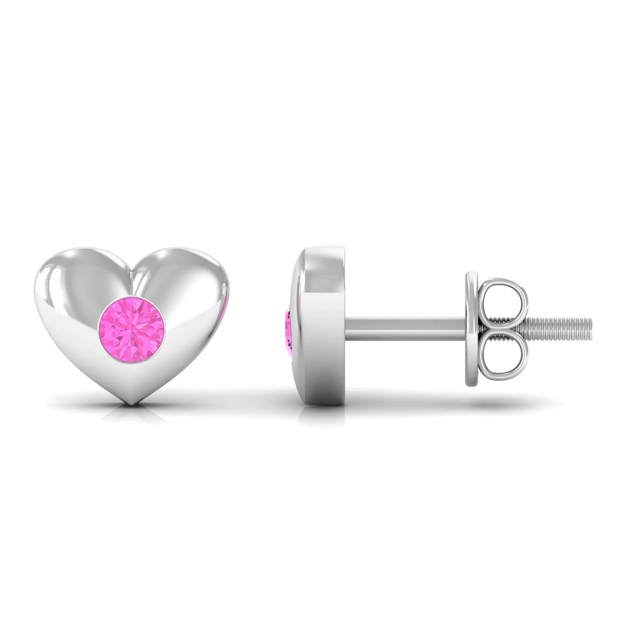 Pink Sapphire Heart Stud Earrings in Gypsy Setting