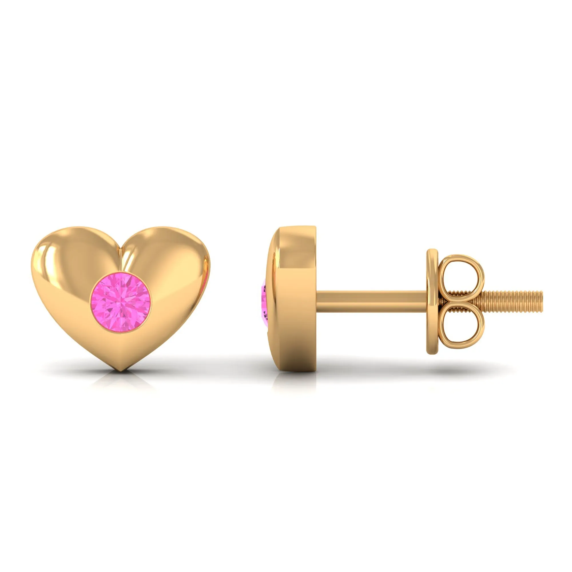 Pink Sapphire Heart Stud Earrings in Gypsy Setting