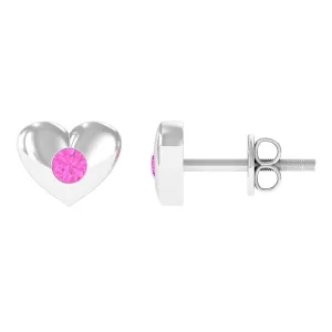 Pink Sapphire Heart Stud Earrings in Gypsy Setting