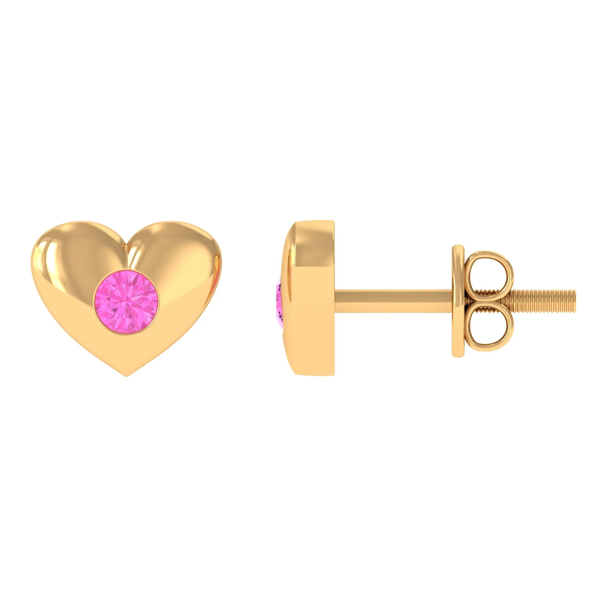 Pink Sapphire Heart Stud Earrings in Gypsy Setting