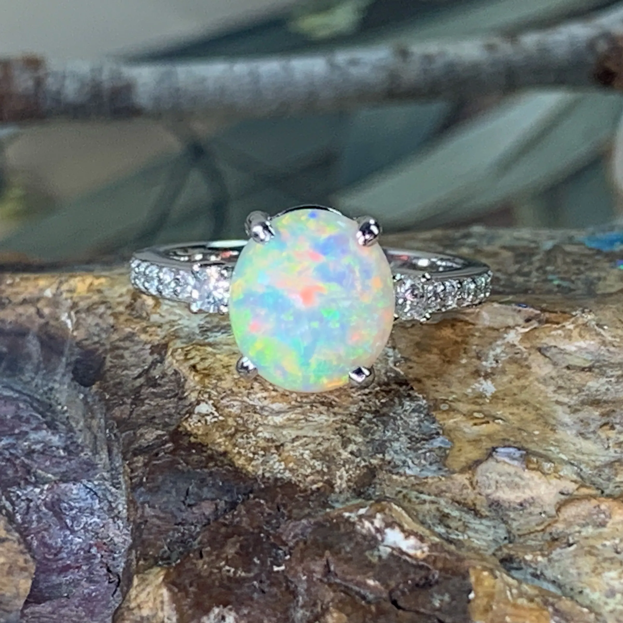 Platinum Black Crystal Opal 2.25ct and diamond ring