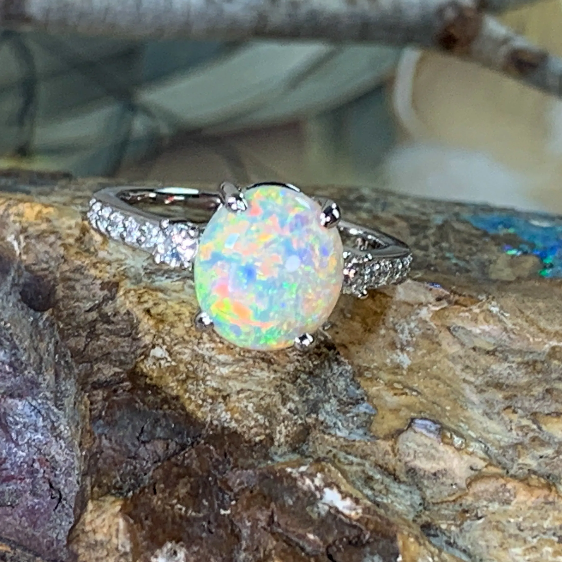 Platinum Black Crystal Opal 2.25ct and diamond ring