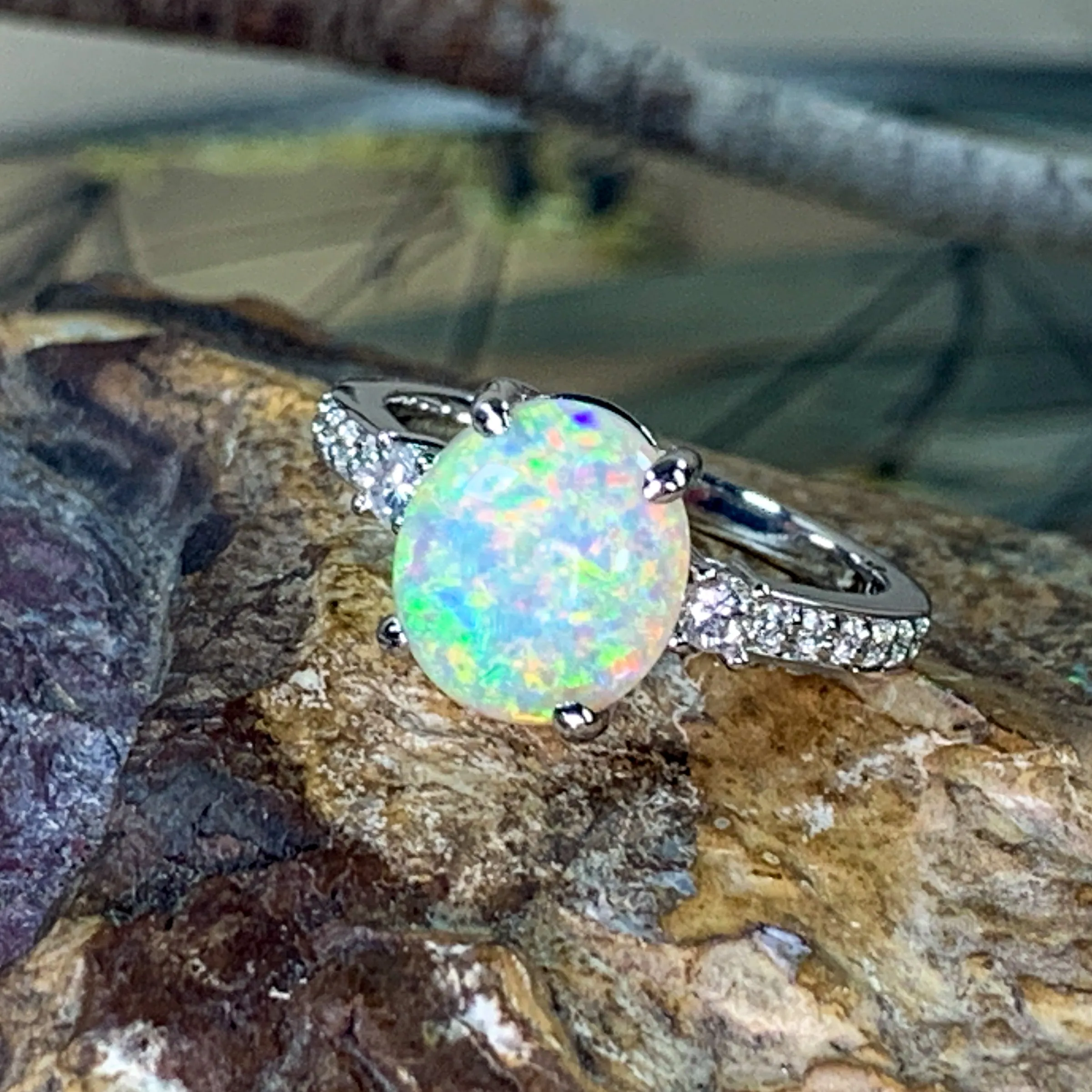 Platinum Black Crystal Opal 2.25ct and diamond ring