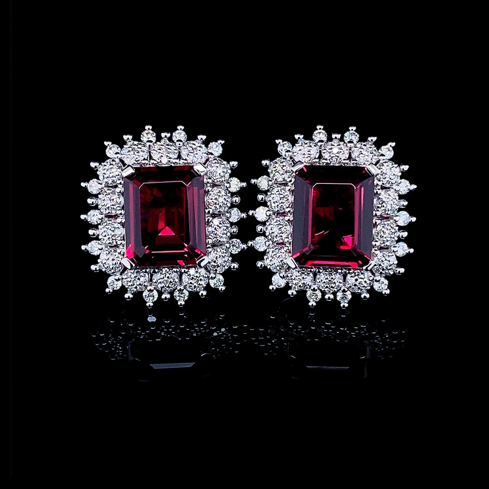 PREORDER | Floral Halo Paved Red Ruby Statement Gemstones Diamond Earrings 14kt