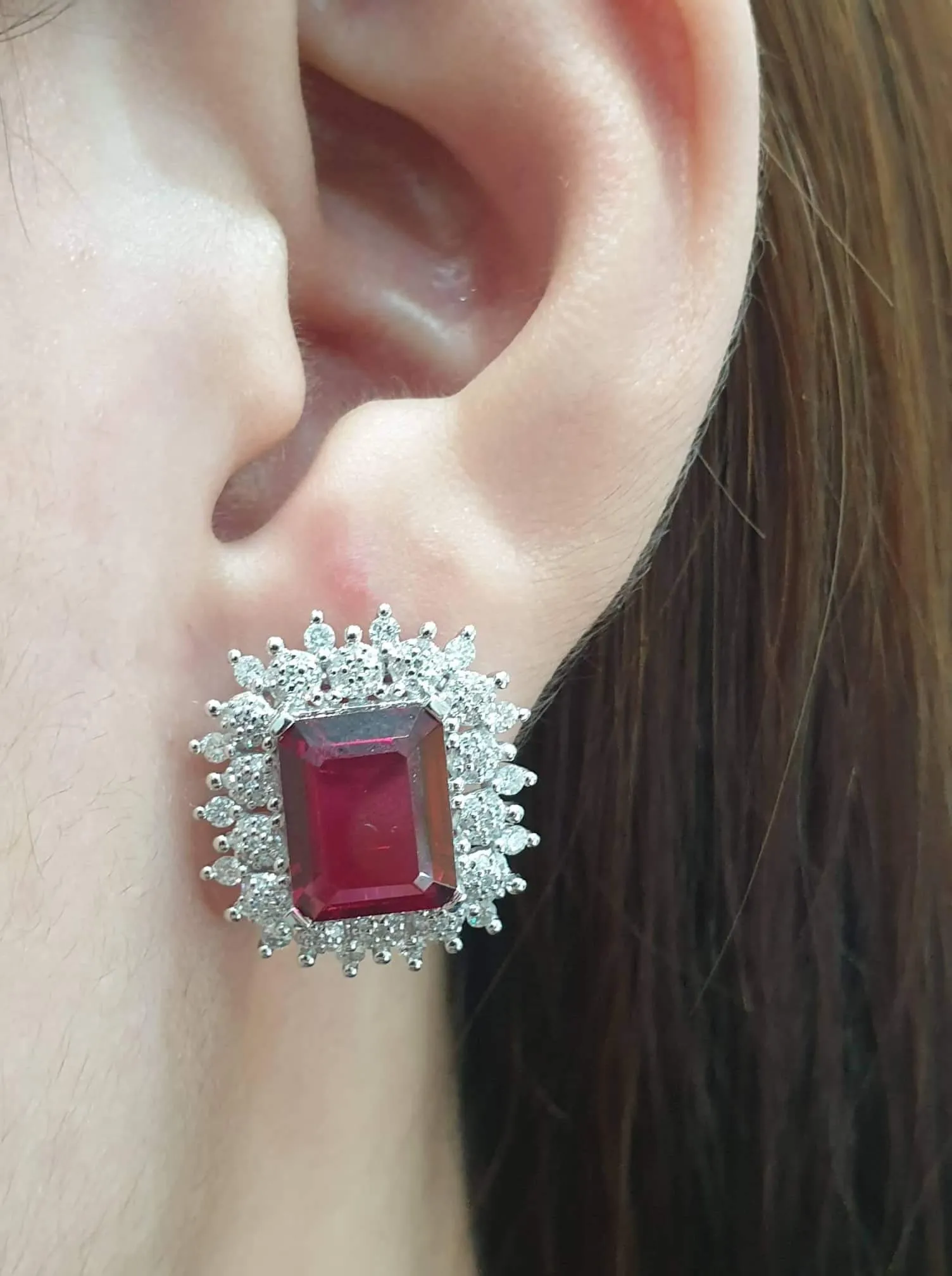 PREORDER | Floral Halo Paved Red Ruby Statement Gemstones Diamond Earrings 14kt