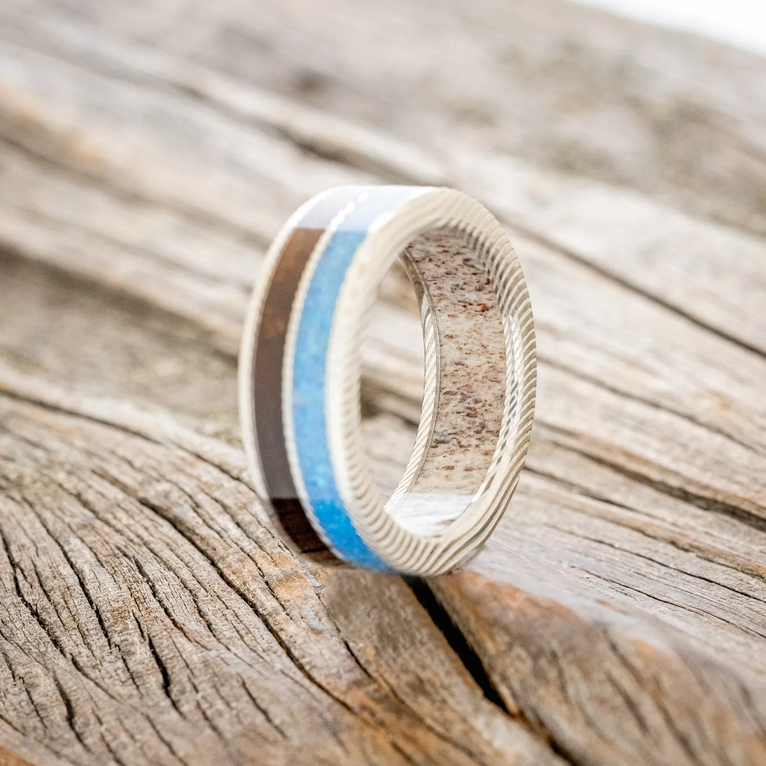 "DYAD" - KOA WOOD & BLUE OPAL WEDDING RING FEATURING AN ANTLER LINED BAND - DAMASCUS STEEL - SIZE 10 3/4