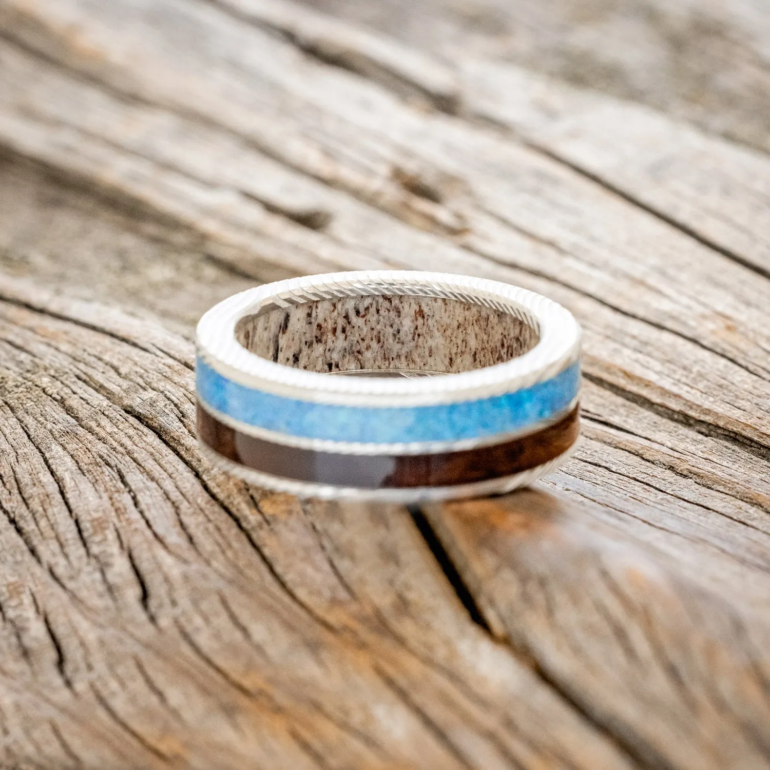 "DYAD" - KOA WOOD & BLUE OPAL WEDDING RING FEATURING AN ANTLER LINED BAND - DAMASCUS STEEL - SIZE 10 3/4