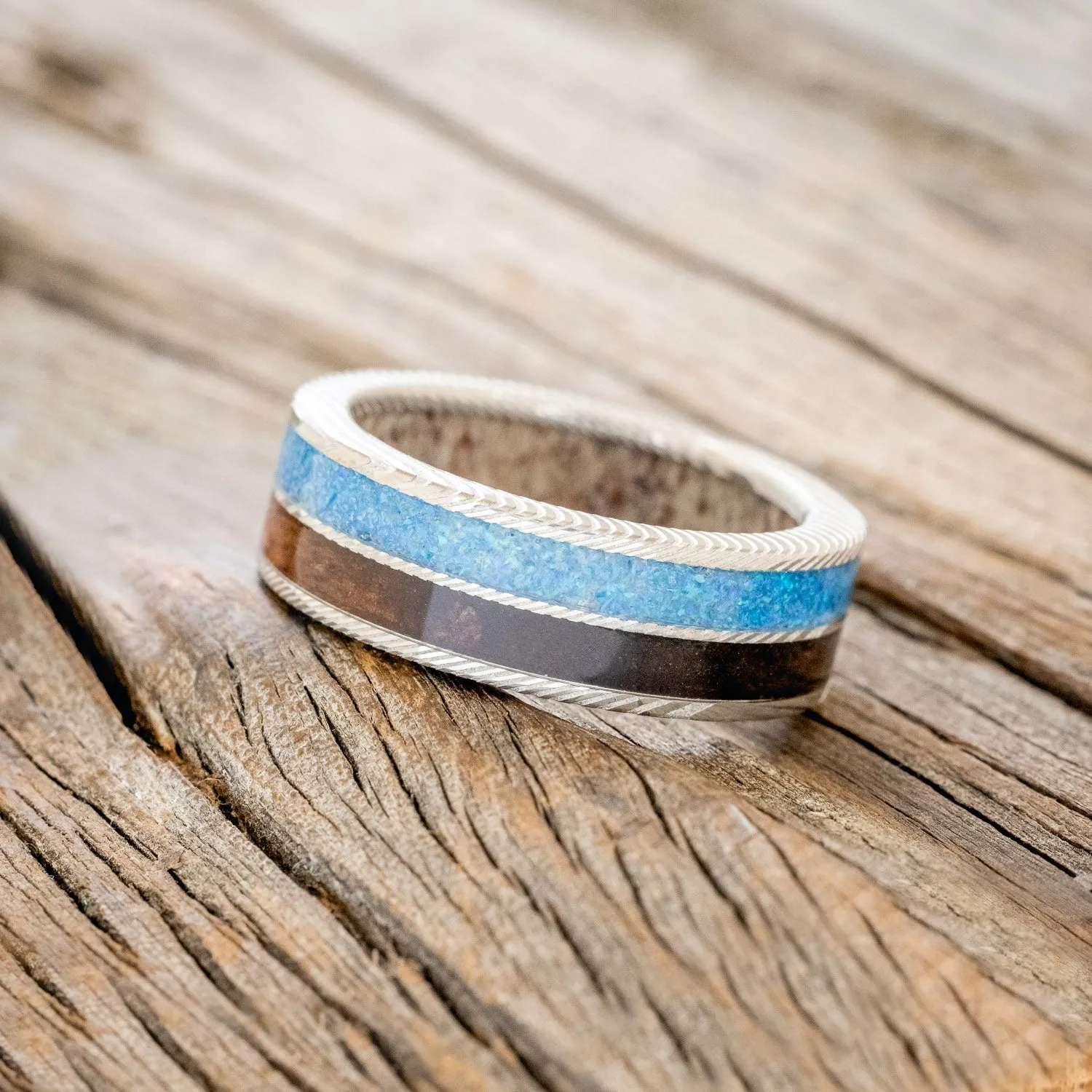 "DYAD" - KOA WOOD & BLUE OPAL WEDDING RING FEATURING AN ANTLER LINED BAND - DAMASCUS STEEL - SIZE 10 3/4