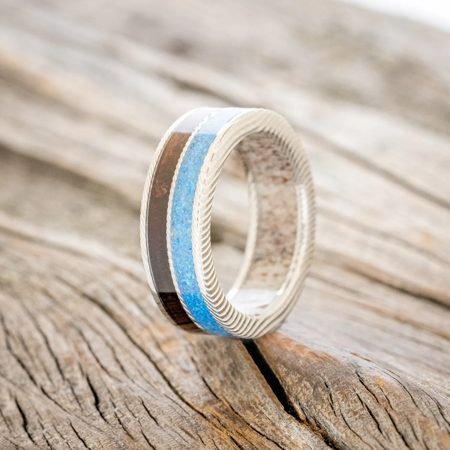 "DYAD" - KOA WOOD & BLUE OPAL WEDDING RING FEATURING AN ANTLER LINED BAND - DAMASCUS STEEL - SIZE 10 3/4