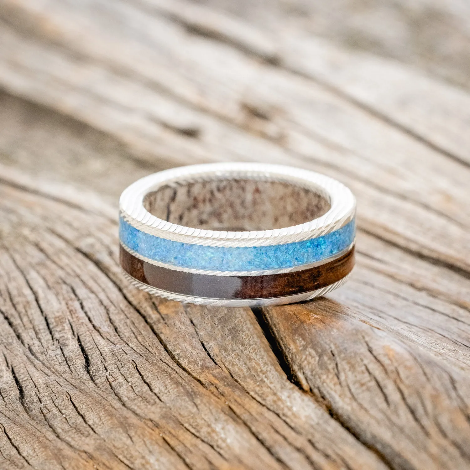 "DYAD" - KOA WOOD & BLUE OPAL WEDDING RING FEATURING AN ANTLER LINED BAND - DAMASCUS STEEL - SIZE 10 3/4