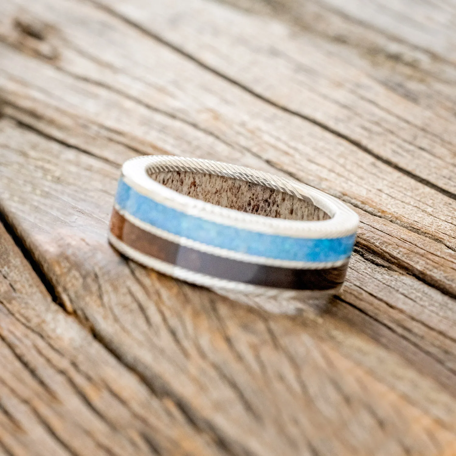 "DYAD" - KOA WOOD & BLUE OPAL WEDDING RING FEATURING AN ANTLER LINED BAND - DAMASCUS STEEL - SIZE 10 3/4