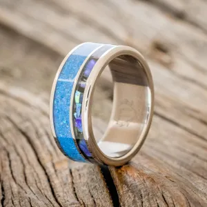 "RAPTOR" - PAUA SHELL & BLUE OPAL WEDDING BAND - TITANIUM - SIZE 11 1/2